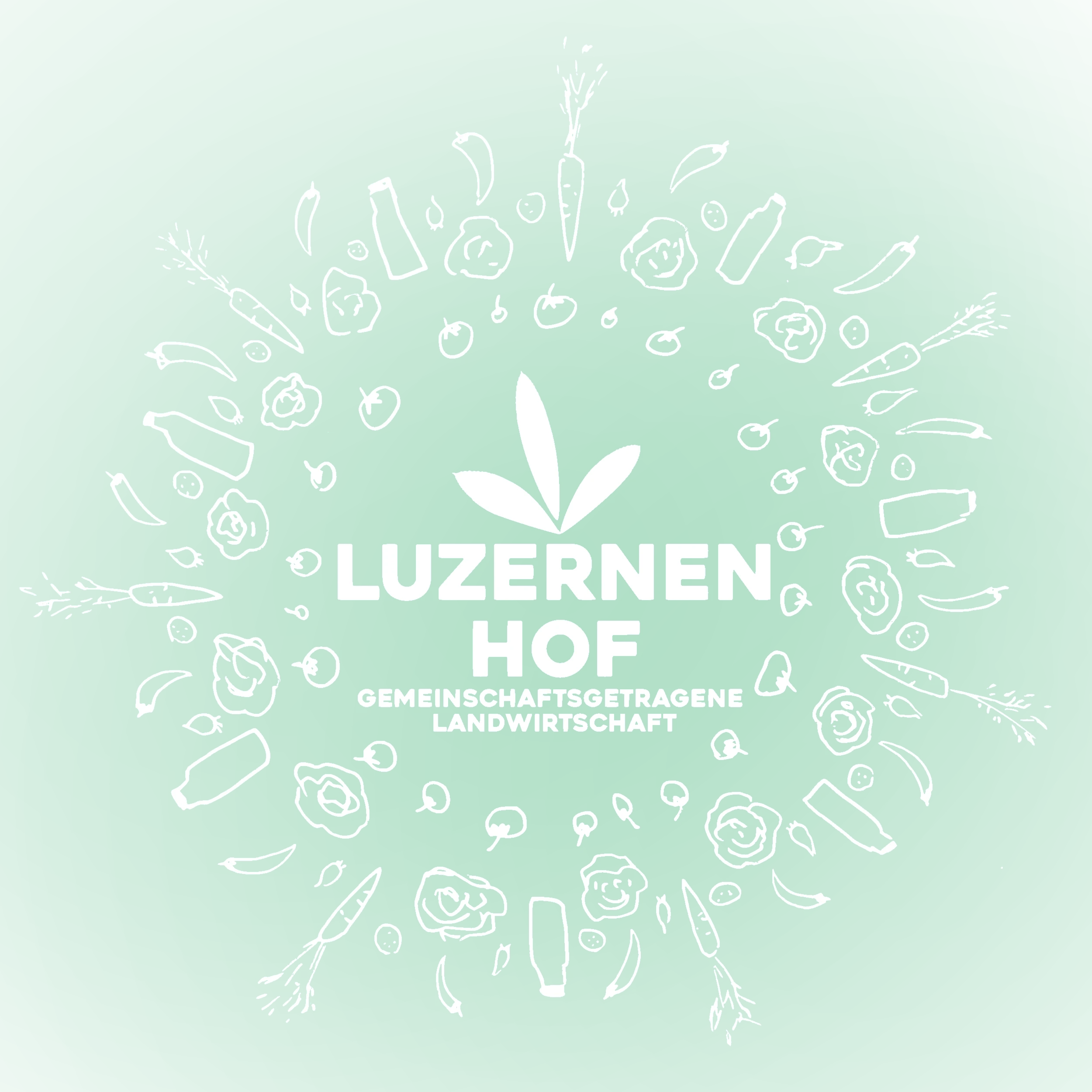 Logo Solawi Luzernenhof - Gemeinschaftsgetragene Landwirtschaft Grünes Logo der Solawi Luzernenhof mit weißer Schrift und Gemüse-Illustrationen im Kreis angeordnet.