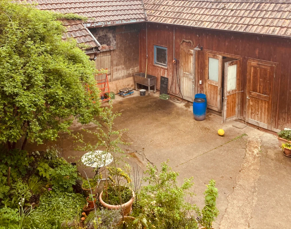 Bauernhof Innenhof bei Regen Regennasser Innenhof eines Bauernhofs aus der Vogelperspektive, mit einem rustikalen Holzgebäude, üppigen Grünpflanzen und einem kleinen weißen Tisch.