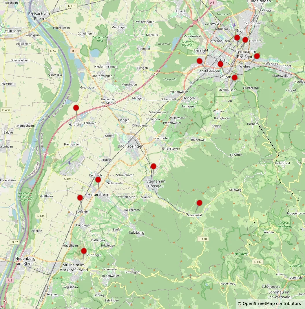 Luzernenhof Solawi Depot Karte Freiburg Markgräflerland Übersichtskarte der Solawi Luzernenhof Depots: Standorte der Abholstellen in Freiburg, Staufen, Müllheim und dem Markgräflerland